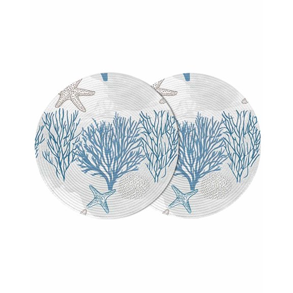 Starfish Coastal Round Placemats Set of 2 for Dinning Tables,Heat-proof Braided Table Mats 13 Inch,Nautical Summer Beach Coral Washable Place Mat for Kitchen Restaurant Party Decor Table Setting