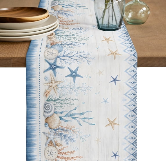 Starfish Coastal Table Runner 36 Inches Long, Kitchen Dining Table Decoration, Seaside Vintage Conch Nautical Geometric Coffee Tablerunner Dress Scarves Farmhouse Décor for Party, Holiday, 13 x 36