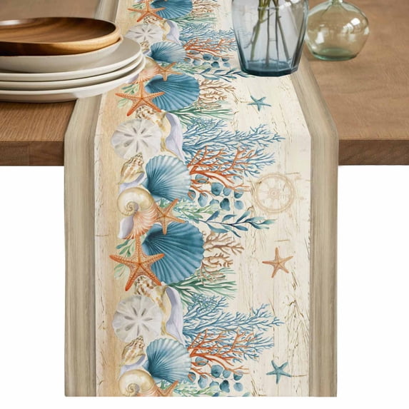 Starfish Coastal Table Runner 70 Inches, Summer Ocean Coral Conch Seagrass Vintage Brown Bed Runner Dresser Scarves Tabletop for Indoor Outdoor Parties/Ceremony/Banquet, 13" x 70"