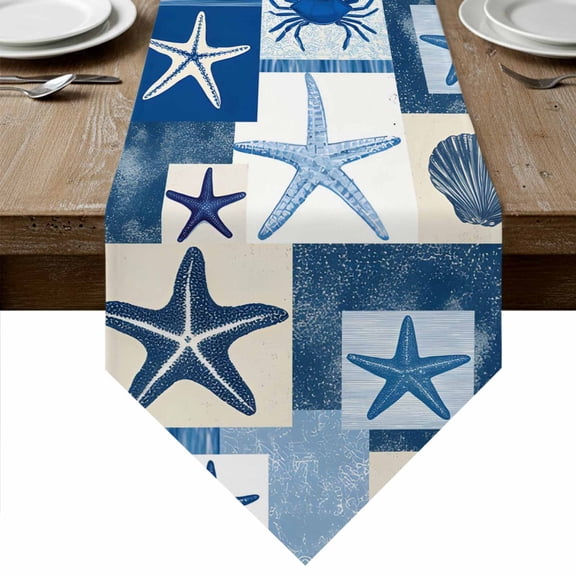 Starfish Coastal Table Runner Linen Burlap Table Runner 36 Inches Small Blue Shell Crab Nautical Summer Beach Ocean Dresser Scarves for Kitchen Island Coffee Dining Room Party Holiday Decor 13"x36"