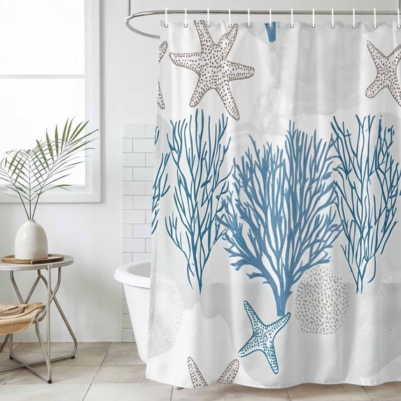 Starfish Coastal Waterproof Fabric Shower Curtain,Nautical Summer Beach Coral Waterproof Fabric Shower Curtain for Bathroom Curtains Bathtubs Hotel Washable Shower Curtains with 12 Hooks Long 72x78in