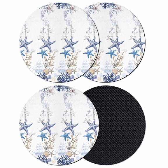 Starfish Coasters Set of 4, Soft Absorbent Coasters for Drinks, Blue Ocean Coastal Coral Shell Nautical Boat Non-Slip Cup Coaster Mat with Rubber Bottom for Home Kitchen Coffee Bar Table Decor 4"