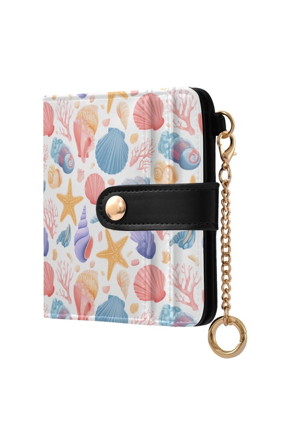 Starfish Conch Coral Small Wallet for Women RFID Blocking Bifold PU Leather Credit Card Holder with Zipper Coin Pocket Compact Cute Travel Purse Magnetic Snap 7 Card Slots