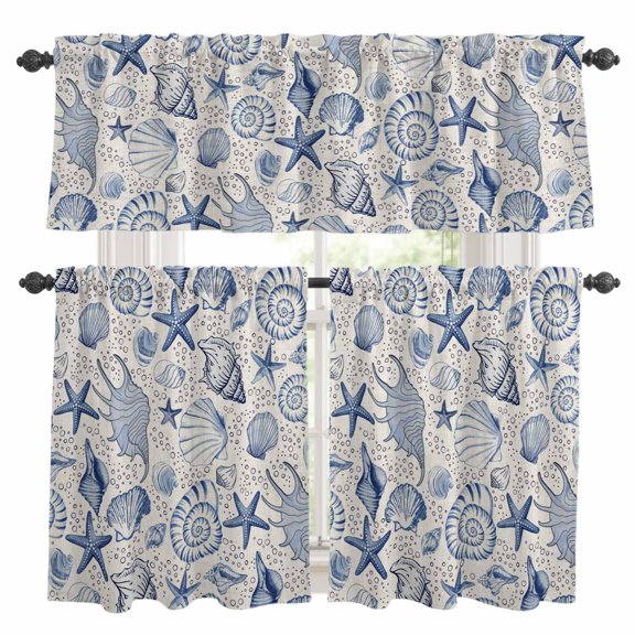 Starfish Conch Kitchen Curtains Valances and Tiers Set of 3 Shell Bubbles Blue Ocean Coastal Retro Tier Curtains and Valance with Rod Pocket for Small Windows, 27.5"x24"
