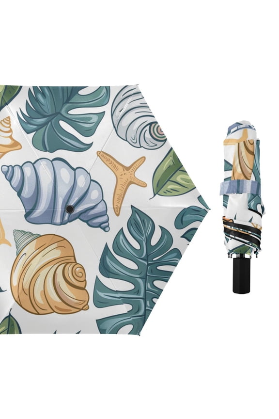Starfish Conch Palm Leaves All Weather Umbrella Triple Folding Parasol 6 Ribs UV Protection Portable