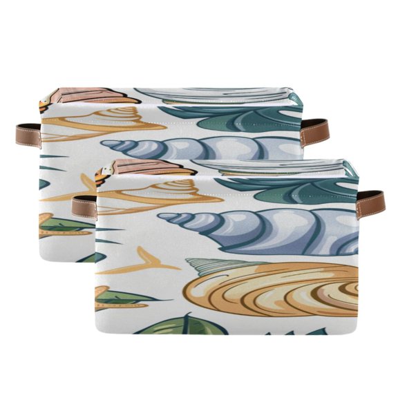 Starfish Conch Palm Leaves Square Storage Bins with Handles Collapsible Containing Box 2 Packs