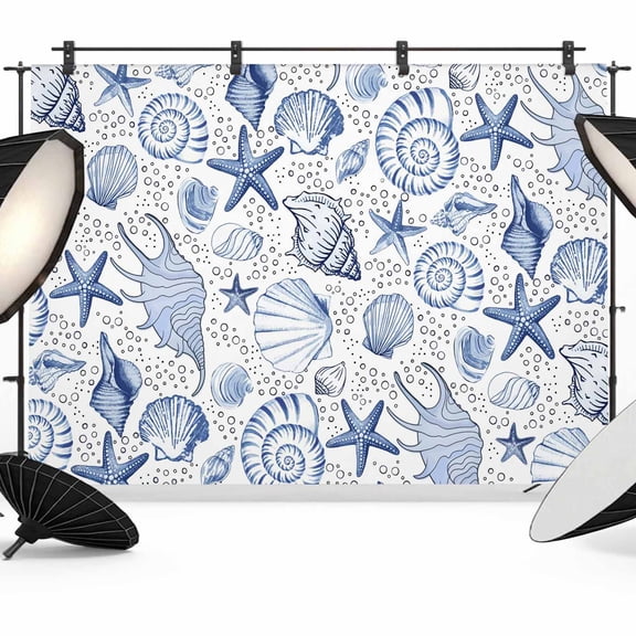 Starfish Conch Photography Backdrop 7x5FT, Shell Bubbles Blue Ocean Coastal Photo Backdrops, Background for Photography Studio Photo Studio Background, Back Drop for Photoshoot