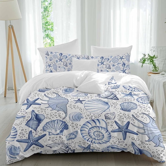 Starfish Conch Queen Size Comforter Set, Shell Bubbles Blue Ocean Coastal Bedding for All Seasons, 4 Pcs Bed Set, 1Quiltcover (90"x92") ,1Sheet(94"x116"), 2Pillowcases (30"x20")
