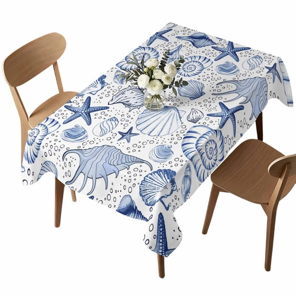 Starfish Conch Rectangle Tablecloth Shell Bubbles Blue Ocean Coastal Waterproof Wrinkle Free Soft Table Cloth Spill-Proof Washable Table Cover for Dining Party Picnic 60 x 84 Inch