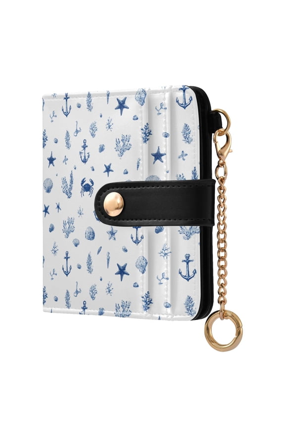 Starfish Conch Shell Anchor Small Wallet for Women RFID Blocking Bifold PU Leather Credit Card Holder with Zipper Coin Pocket Compact Cute Travel Purse Magnetic Snap 7 Card Slots