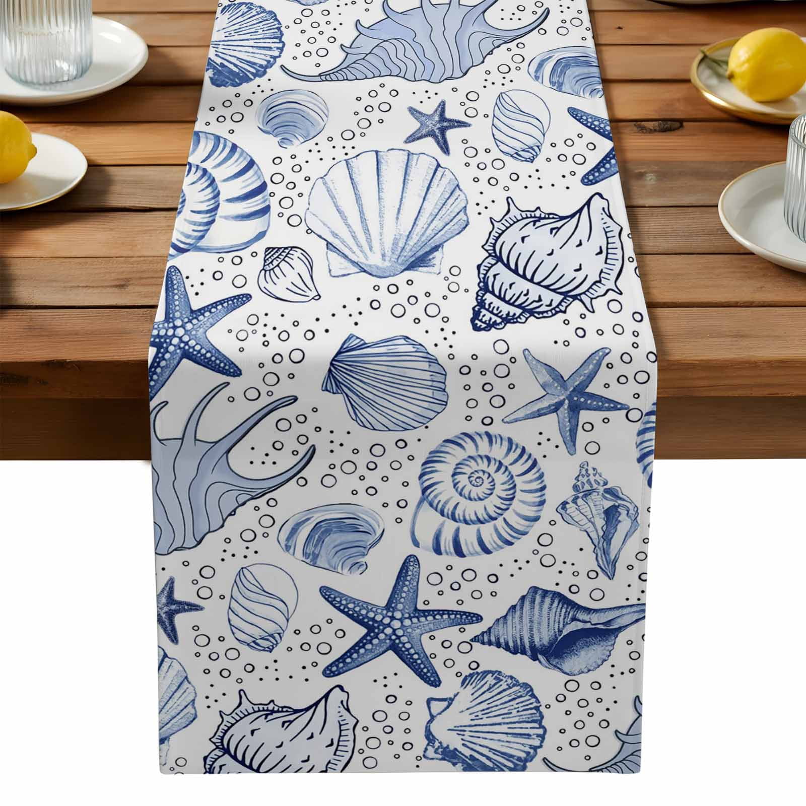 Shell Table Runner Starfish Conch Table Runner, Shell Bubbles Blue Ocean Coastal Kitchen ...