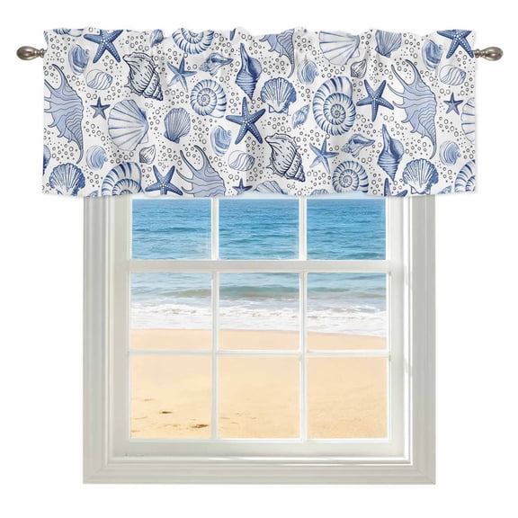 Starfish Conch Window Valance for Kitchen, Shell Bubbles Blue Ocean Coastal Rod Pocket Short Curtain for Small Windows, Light Filtering Decorative Valance, 42 x 12 Inch