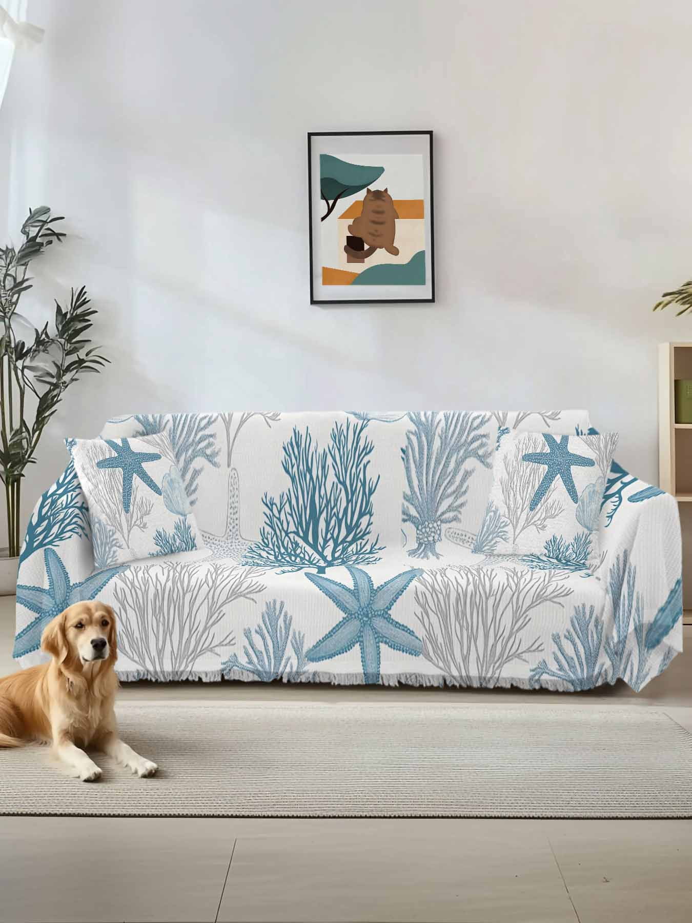 Starfish Coral Couch Cover, Coastal Ocean Seagrass Nautical Nature Sofa Cover Blanket for 3 Cushion Couch, Sectional Sofa Slipcover Furniture Protector for Living Room Bedroom 71''x134''