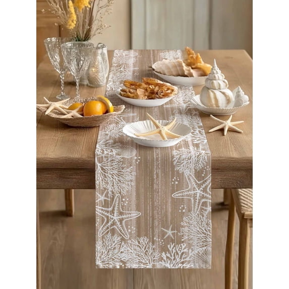 Starfish Coral Farmhouse Plank Table Runner 13x90in Non-Slip Cotton Linen Table Runners, Vintage Brown Wood Grain Dresser Scarves TableRunner for Dinner Kitchen Dining Wedding Party