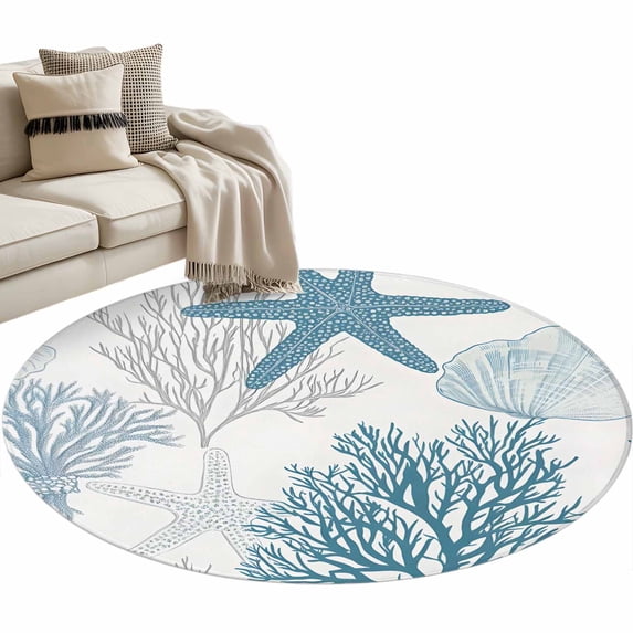 Starfish Coral Large Area Rugs for Bedroom Living Room, Soft Non Slip Carpet Bedside Rug, Coastal Ocean Seagrass Nautical Nature Round Floor Cover Kitchen Accent Rug 4' for Dining Room/Office