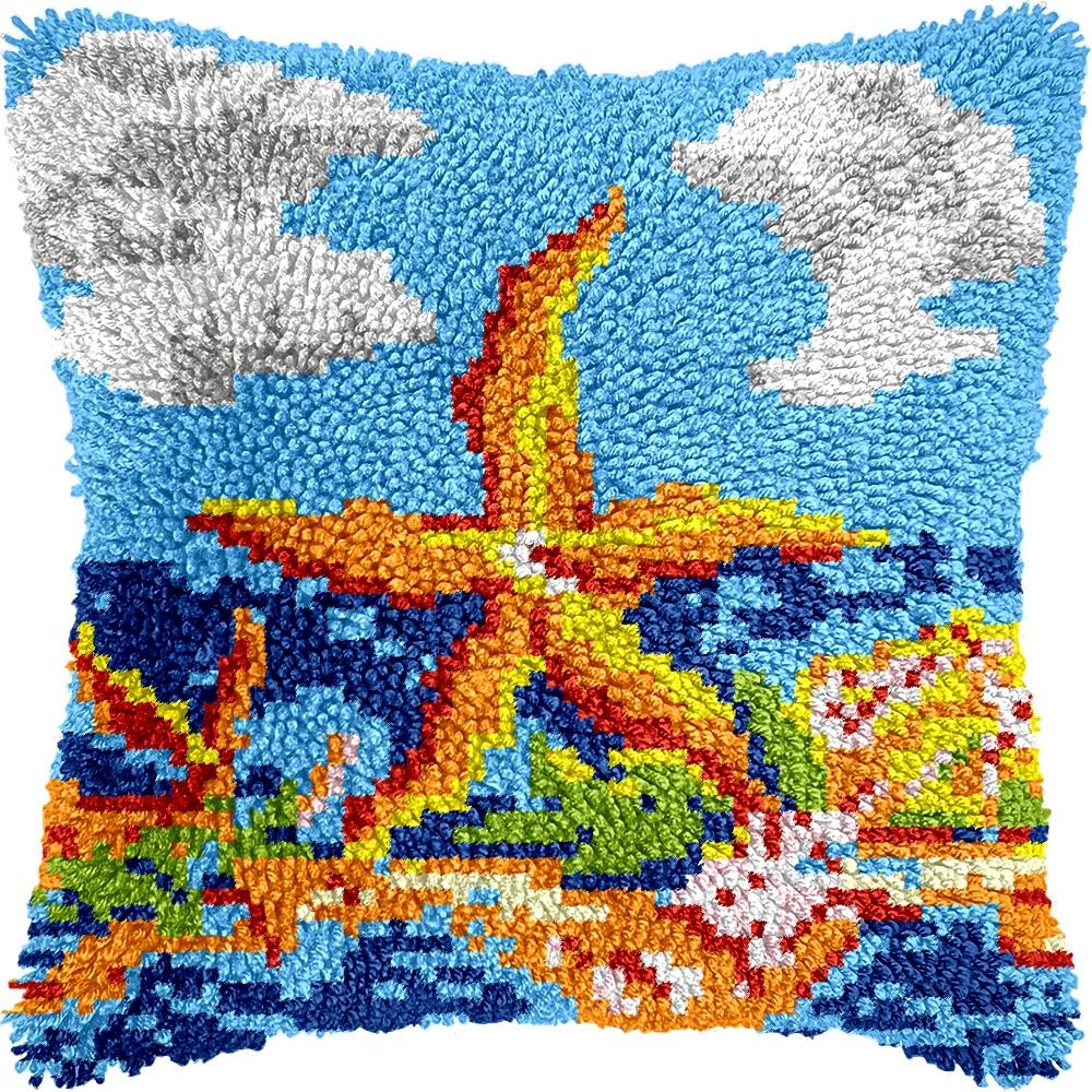 Starfish & Coral Latch Hook Pillow Kits for DIY Throw Pillow Cushion Embroidery Latch Hooking Pillowcase Kits with Preprinted Canvas Crochet Yarn Kits for Home Decor 17''X 17''(d131)