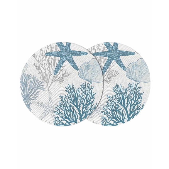 Starfish Coral Round 13 Inch Placemats Set of 2, Coastal Ocean Seagrass Nautical Nature HeatResistant Non Slip Place Mats for Dining Table, Wipeable Braided Kitchen Table Mats for Housewarming