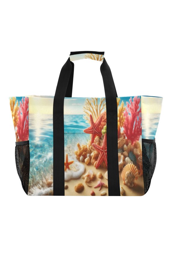 Starfish Coral Seashell Beach Sea Reusable Grocery Bags with Handle Side Pocket Waterproof Shopping Portable Tote