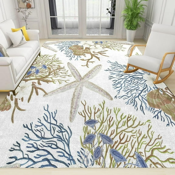 Starfish Coral Seashell Coastal Nautical Area Rug, Beach Ocean Themed Carpet, Indoor Non-Slip Rug for Room Sofa Living Room Mat Bedroom Home Decor Floor Mats 3ftx4ft