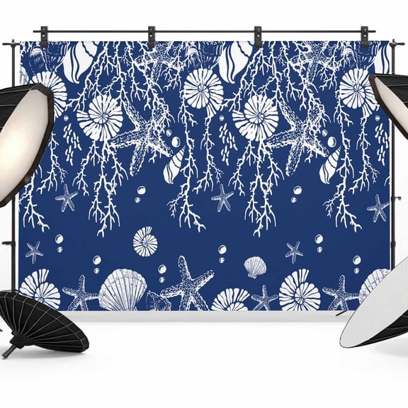Starfish Coral Shell Backdrop for Photography, Navy Blue Summer Beach Photo Backdrop Portrait Background Party Banner Photo Backgrounds for Studio Booth Props, 10x8ft