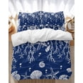 thumbnail image 1 of Starfish Coral Shell Bedding Duvet Cover Set Twin Size 4 Pieces Navy Blue Summer Beach Bedding Set with Zipper Closure, 1 Comforter Cover 68x86 Inches 1 Flat Sheet & 2 Pillow Cases, 1 of 7