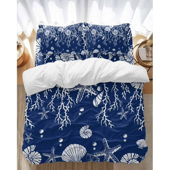 Starfish Coral Shell Bedding Duvet Cover Set Twin Size 4 Pieces Navy Blue Summer Beach Bedding Set with Zipper Closure, 1 Comforter Cover 68x86 Inches 1 Flat Sheet & 2 Pillow Cases