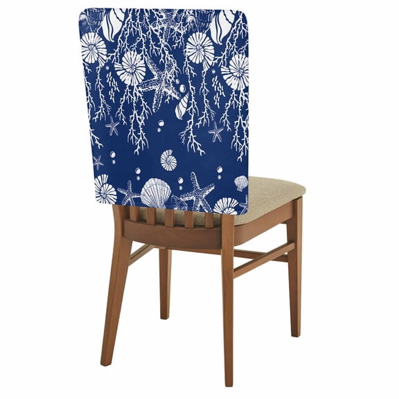 Starfish Coral Shell Chair Back Covers Set of 2, Navy Blue Summer Beach Removable Dining Seat Cover Washable Kitchen Chair Slipcovers Protective for Party Festival Decoration 19x20in