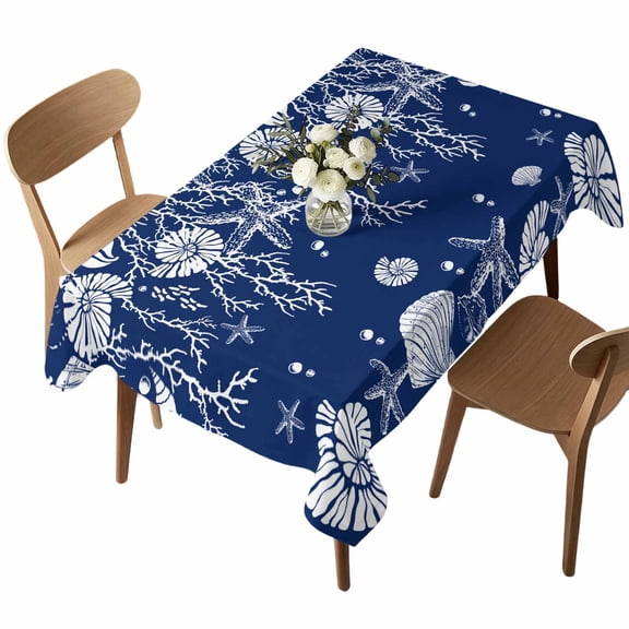 Starfish Coral Shell Rectangle Tablecloth Navy Blue Waterproof Wrinkle Free Soft Table Cloth Spill-Proof Washable Table Cover for Dining Party Picnic 52 x 70 Inch