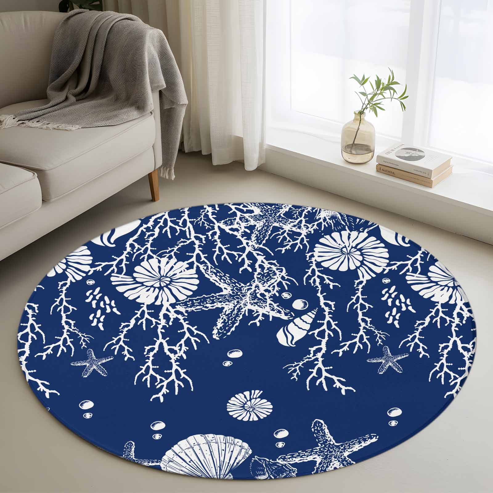 Starfish Coral Shell Round Area Rugs 3 ft, Navy Blue Washable Small ...