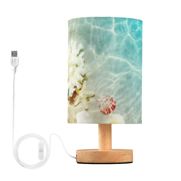 Starfish Coral and Seashell Summer Beach Bedside Table Lamp LED Warm Lights with USB Charging Port Retro Cylinder Desk Lamps