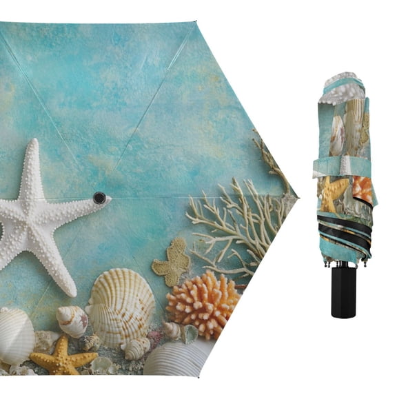 Starfish Corals Shells Tropical All Weather Umbrella Triple Folding Parasol 6 Ribs UV Protection Portable