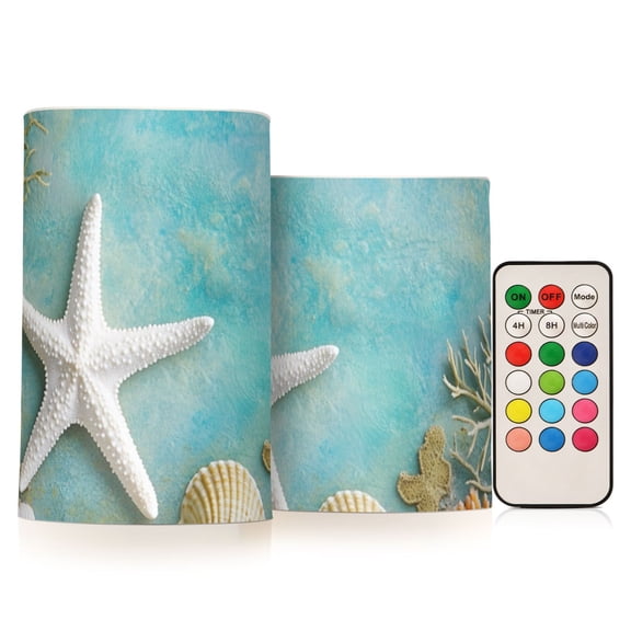 Starfish Corals Shells Tropical Flickering Flameless Candles LED Tealight Battery Operated with Remote Set of 2 Holiday Decor Ornaments