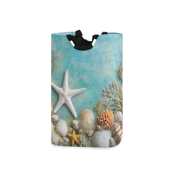 Starfish Corals Shells Tropical Laundry Basket with Handles Foldable Laundry Hamper Freestanding Washing Bin 50L