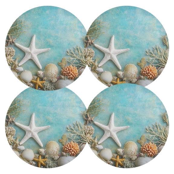 Starfish Corals Shells Tropical PVC Round Grid Placemat Table Mat Set 4 Pcs 15.4" x 15.4"