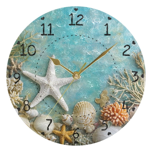 Starfish Corals Shells Tropical Round Wall Clock Silent Analog Battery Operated Gold Pointer Home Decor 9.84" Diameter
