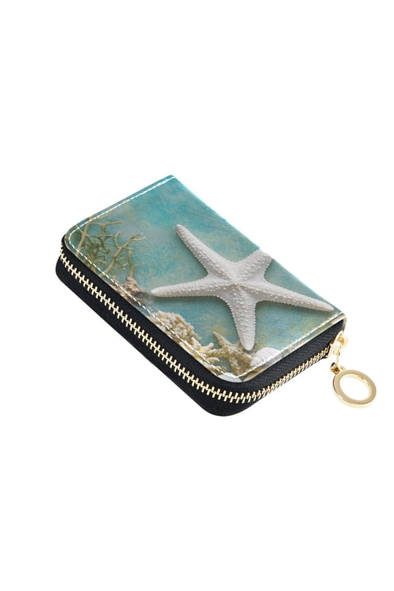 Starfish Corals Shells Tropical Women's Credit Card Holder PU Leather Zipper Wallet RFID Blocking