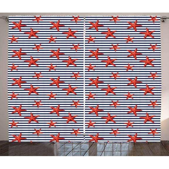 Ambesonne Starfish Curtains 2 Panel Set, Maritime Themed Pattern, 108" x 96", Navy White Red
