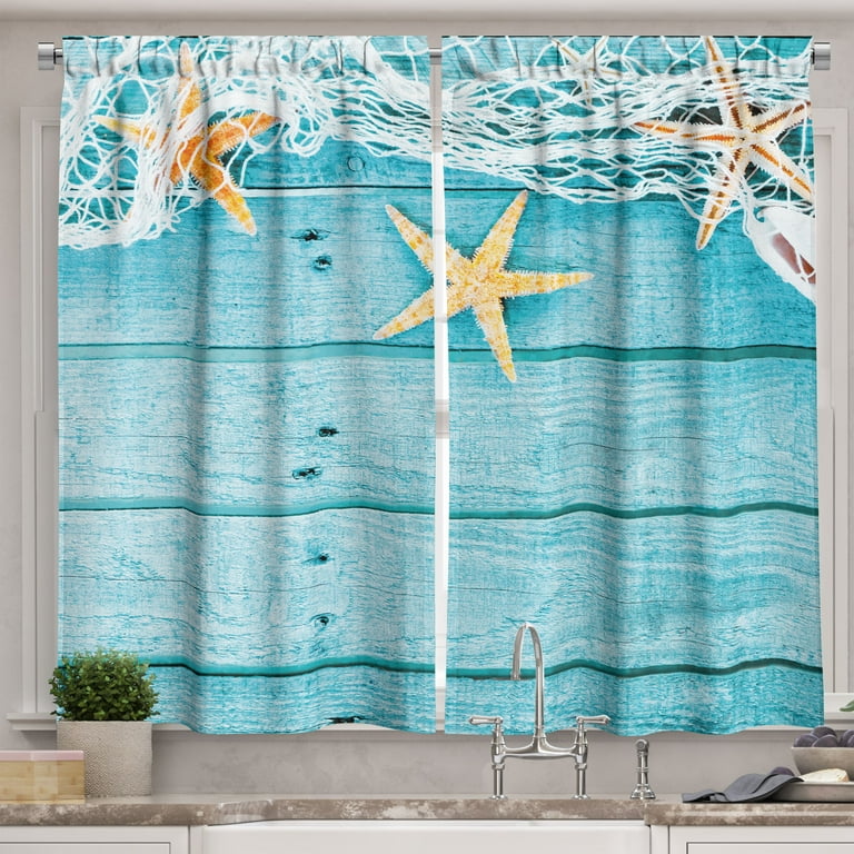 Starfish Curtains 2 Panels Set, Rustic Wood Boards Fishing Net and the  Ocean Animals Nautical Print, Window Drapes for Living Room Bedroom, 55W X  39L Inches, Turquoise White Orange, by Ambesonne 