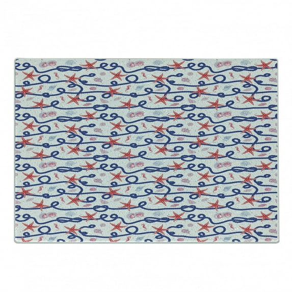 Starfish Cutting Board, Nautical Pattern with Navy Marine Rope Red Starfish Shells Scallops Seahorses, Decorative Tempered Glass Cutting and Serving Board, Small Size, Multicolor, by Ambesonne
