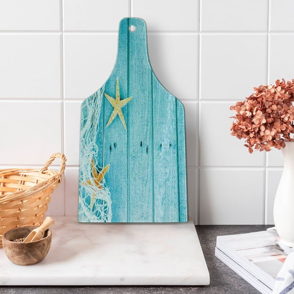 Starfish Cutting Board, Rustic Wood Boards Fishing Net and the Ocean Animals Nautical Print, Tempered Glass Cutting and Serving Board, Wine Bottle Shape, Turquoise White Orange, by Ambesonne