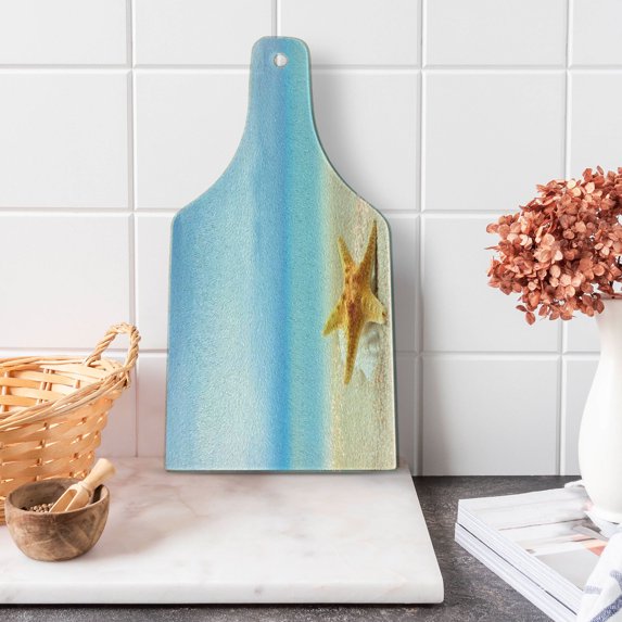 Starfish Cutting Board, Scallop Seashell and Starfish Close up Sandy Beach Idyllic Ocean Backdrop Design, Tempered Glass Cutting and Serving Board, Wine Bottle Shape, Multicolor, by Ambesonne