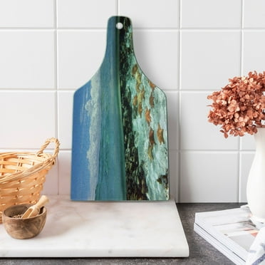 Starfish Cutting Board, Split View with Sky and Clouds Above Under the Sea Wildlife and Ocean Nature Rocks, Tempered Glass Cutting and Serving Board, Wine Bottle Shape, Multicolor, by Ambesonne
