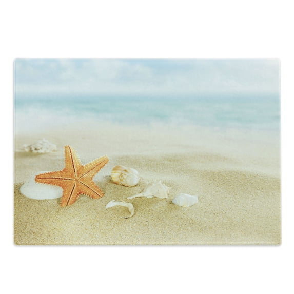 Starfish Cutting Board, Tropical Caribbean Seacoast with Different Shells and Animals Relaxing Vacation, Decorative Tempered Glass Cutting and Serving Board, Large Size, Multicolor, by Ambesonne