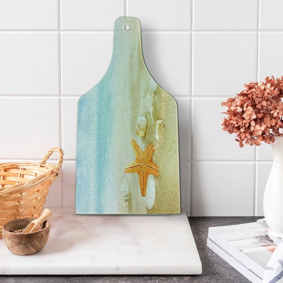 Starfish Cutting Board, Tropical Caribbean Seacoast with Different Shells and Animals Relaxing Vacation, Tempered Glass Cutting and Serving Board, Wine Bottle Shape, Multicolor, by Ambesonne