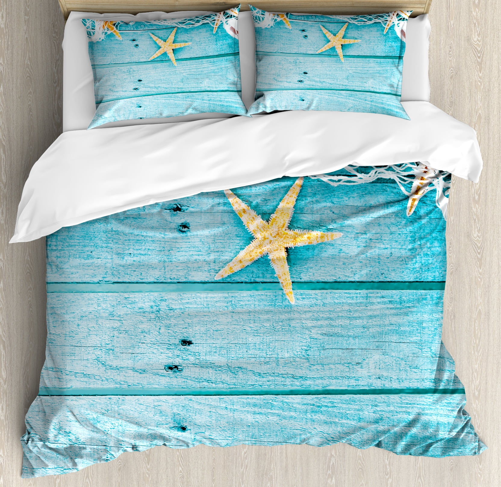 Turquoise Starfish Coastal Queen Duvet Cover Set with Pillow Shams