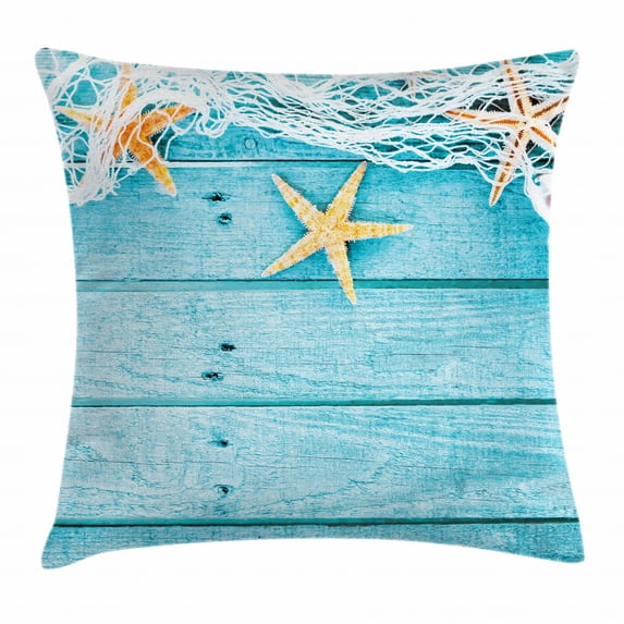 Starfish Decor Throw Pillow Cushion Cover, Rustic Wood Boards Fishing Net and Ocean Animals Nautical Print, Decorative Square Accent Pillow Case, 20 X 20 Inches, Turquoise White Orange, by Ambesonne