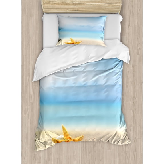 Starfish Decor Twin Size Duvet Cover Set, Scallop Seashell and Starfish Close Up on Sandy Beach Idyllic Ocean Backdrop, Decorative 2 Piece Bedding Set with 1 Pillow Sham, Multicolor, by Ambesonne