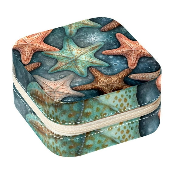 Starfish Decorative Square Travel Portable Jewelry Display Box - Earring Organizer, Necklace and Bracelet Storage Case for Girls and Women