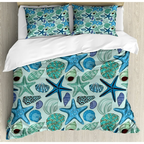 Starfish Duvet Cover Set, Aquarium Inspired Composition Tropical Seashells and Scallops Cockles and Clams, Decorative 3 Piece Bedding Set with 2 Pillow Shams, Queen Size, Multicolor, by Ambesonne