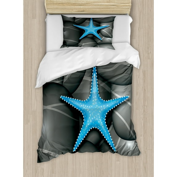 Starfish Duvet Cover Set, Blue Starfish Among the Sea Pebble Stones Ocean Underwater Wildlife Print, Decorative 2 Piece Bedding Set with 1 Pillow Shams, Twin Size, Grey Blue White, by Ambesonne
